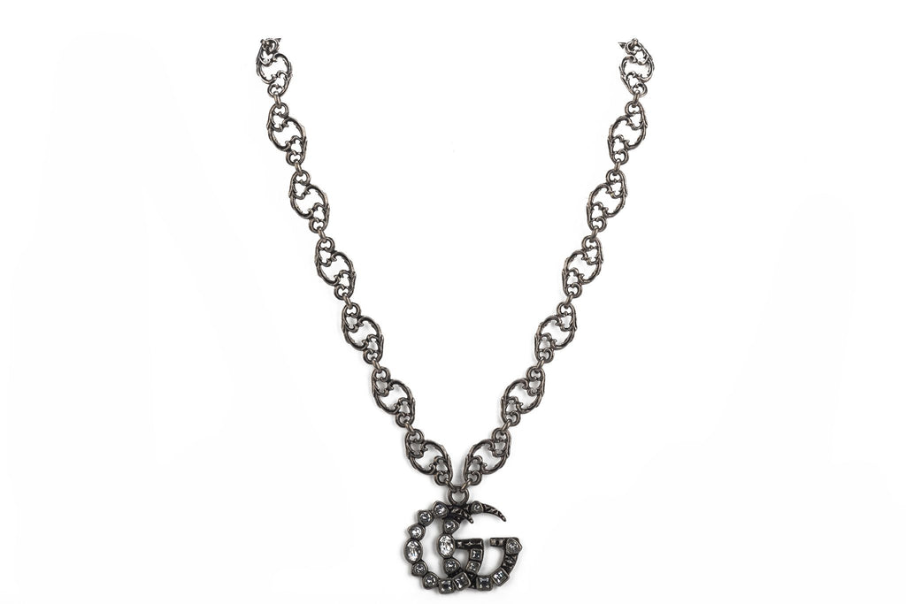 Gucci NIB Gunmetal Logo Necklace