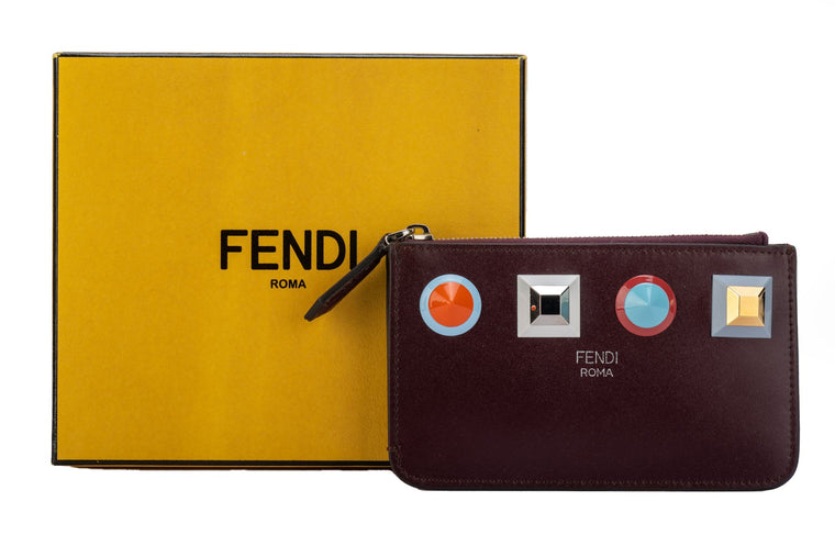 Fendi NIB Burgundy Zipped Wallet W/Studs