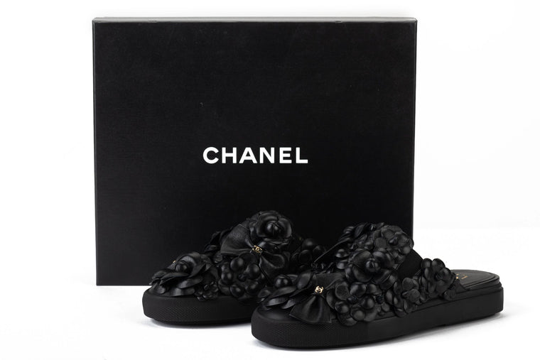 Chanel BNIB Black Camellia Slides 38