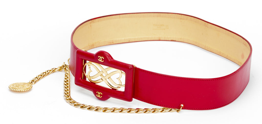 Chanel Red 80s Belt With Chain Drop
