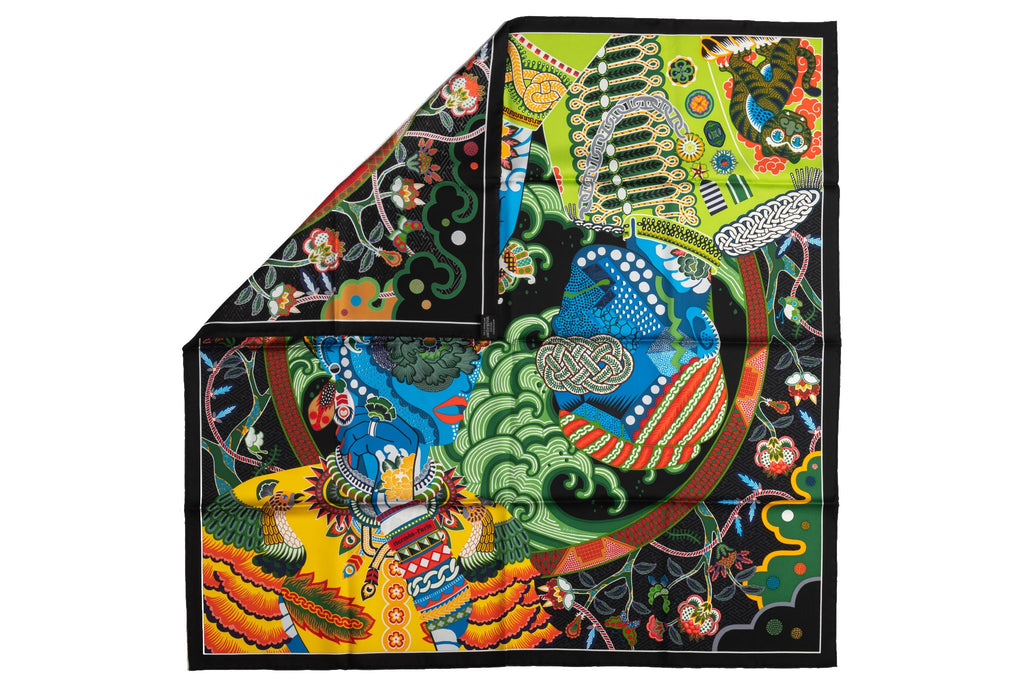 Hermes NIB Black Multicolor Silk Scarf