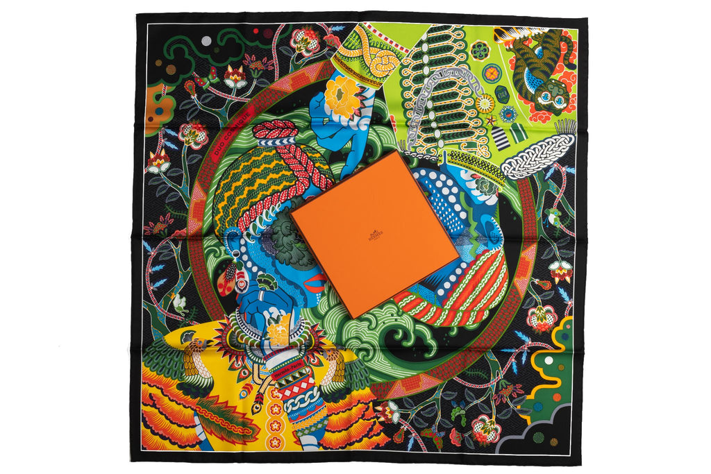 Hermes NIB Black Multicolor Silk Scarf