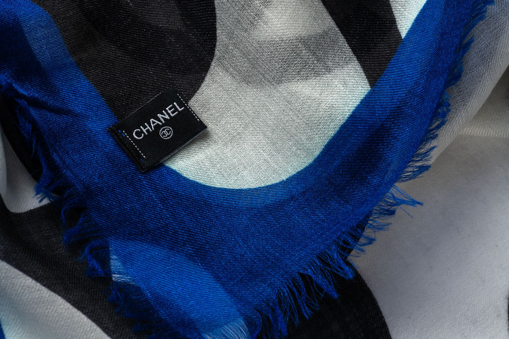 Chanel New Black White Blue Logo Shawl