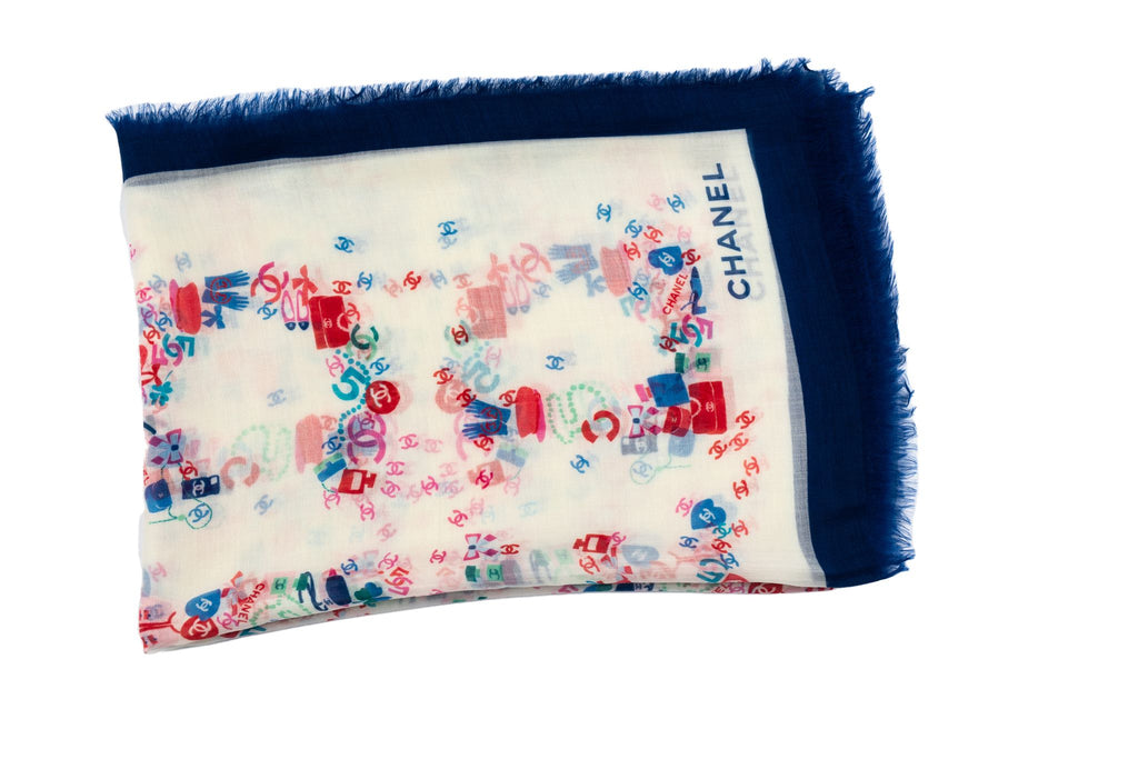 Chanel New White Blue Cashmere Shawl