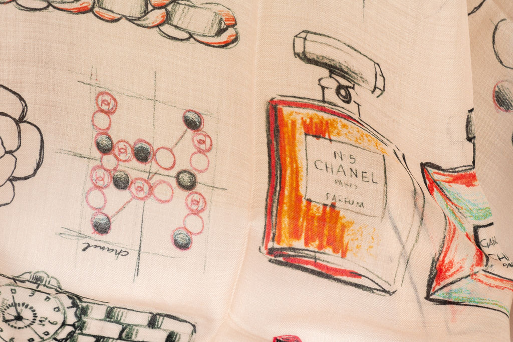 Chanel New Beige Drawings Cashmere Shawl