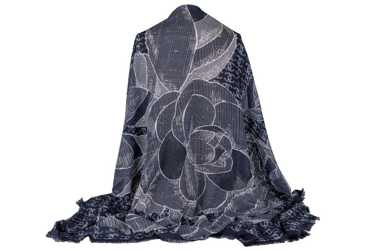Chanel New Cashmere Camellia Navy Shawl