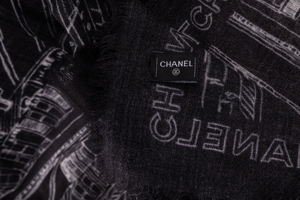 Chanel Cashmere Shawl City Print Black