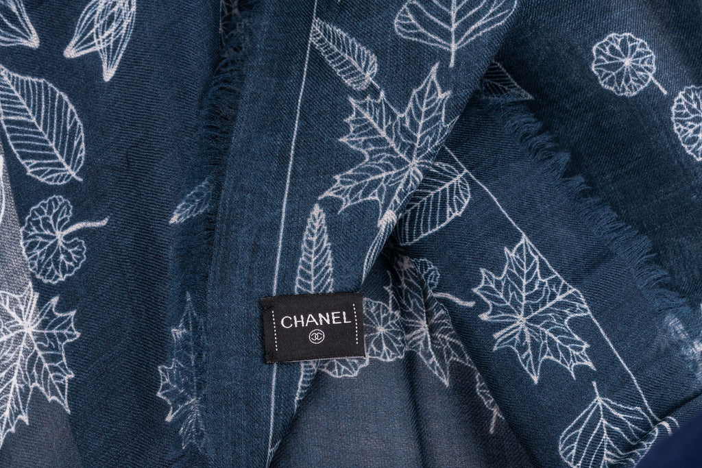 Chanel New Cashmere Shawl Navy Leaves