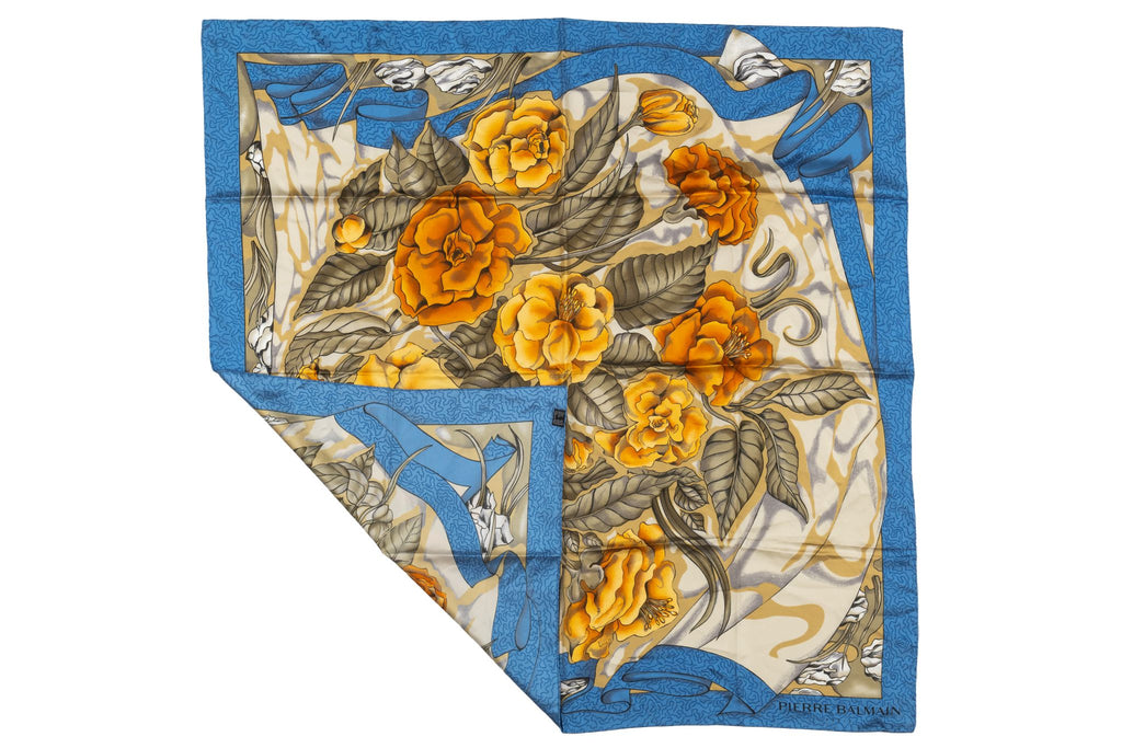 Balmain Blue Vintage Floral Silk Scarf
