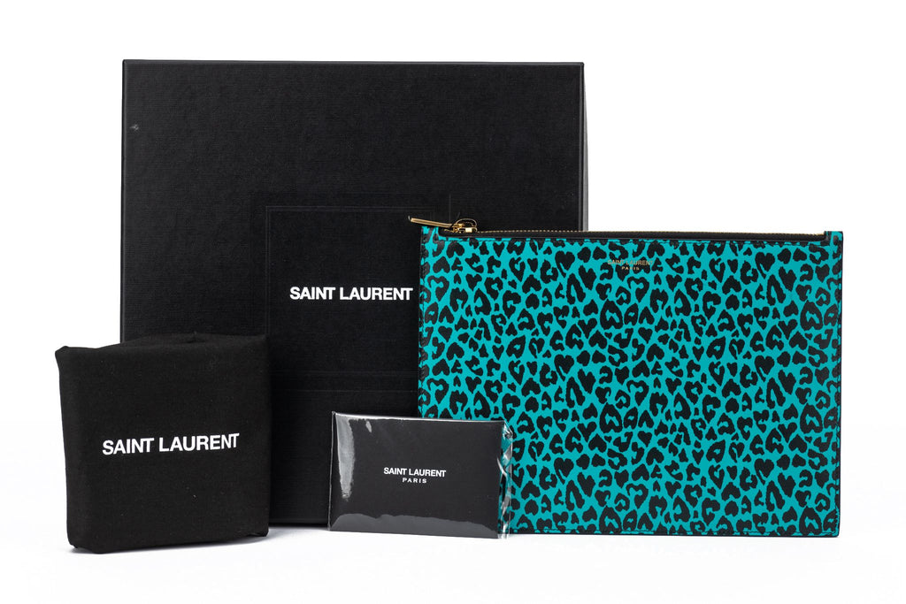 YSL NIB Cheetah Turquoise Leather Pouch