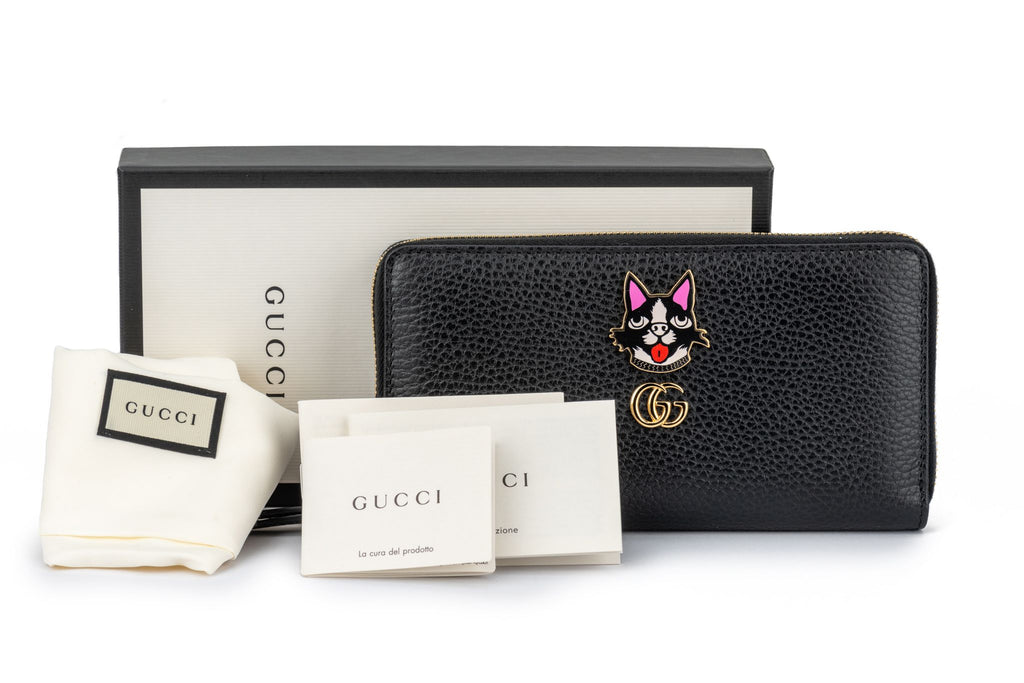 New Gucci Black Zip Around Cat Wallet