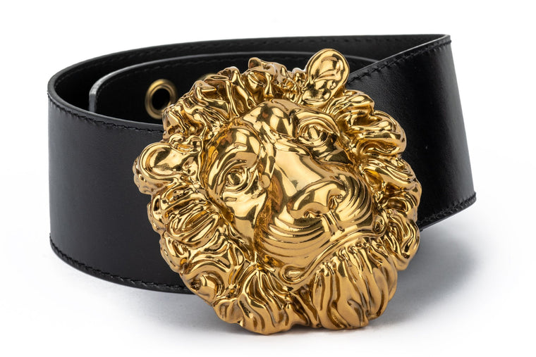 Gucci New Black Leather Lion Buckle Belt