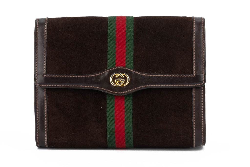 Gucci Vintage Brown Suede Logo Clutch