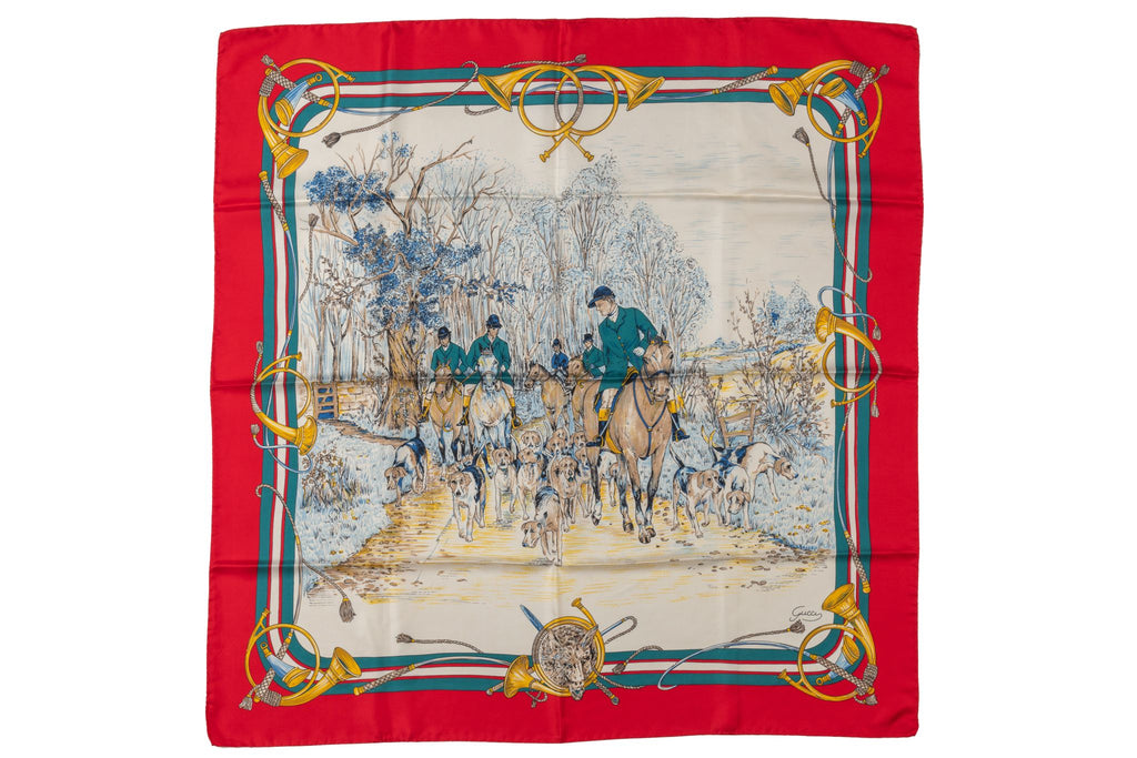 Gucci Vintage Hunting Scene Silk Scarf