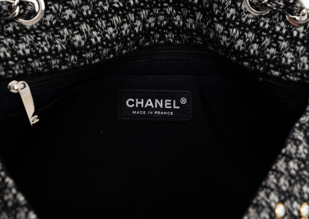 Chanel B/W Tweed Beaded Single Flap Bag