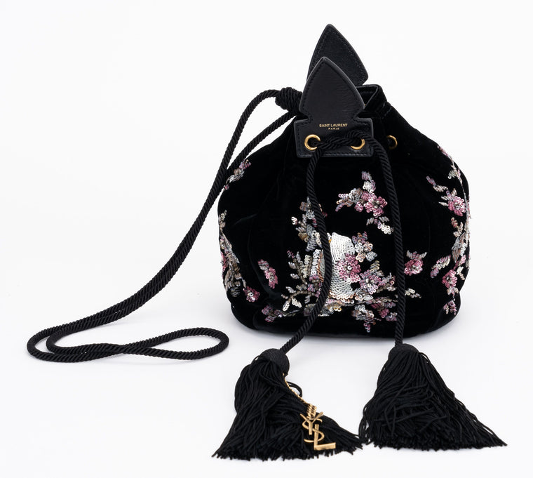 New Ysl Black Embroidered Bucket Bag