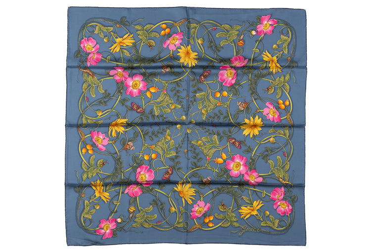 Gucci "Flowerwebby" Blue Silk Scarf