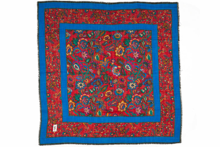 YSL Wool Flowers Red Blue Shawl
