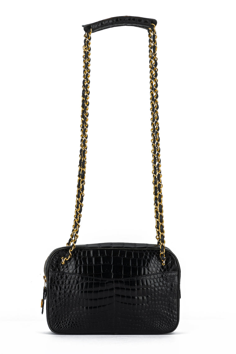 Chanel Vintage Black Croc Shoulder Bag