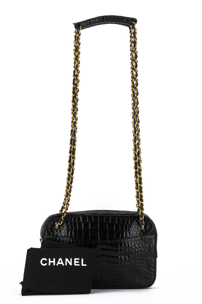 Chanel Vintage Black Croc Shoulder Bag