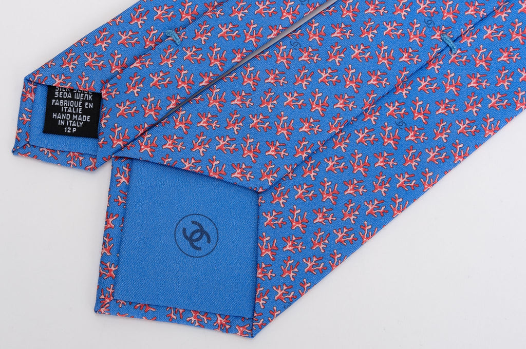 Chanel New Blue Coral Branch Silk Tie