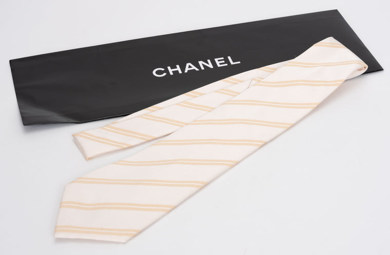 Chanel New Regimental Cream Silk Tie