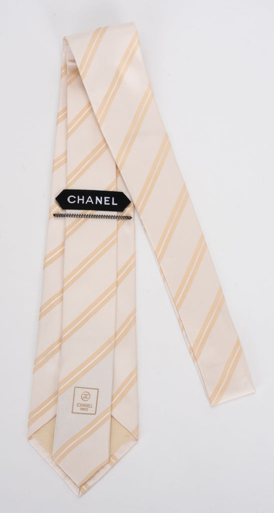 Chanel New Regimental Cream Silk Tie