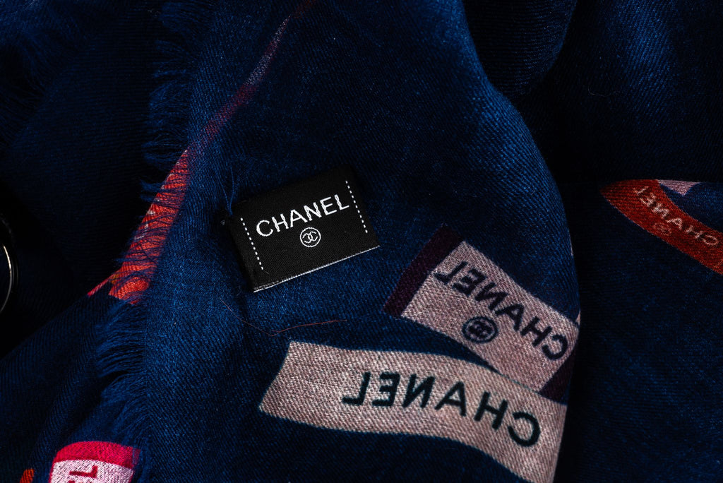 Chanel New Navy Labels Cashmere Shawl