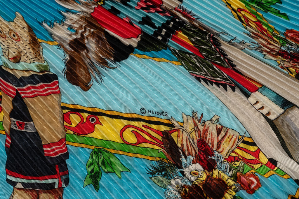 Hermès Turquoise Pleated Kachinas Scarf