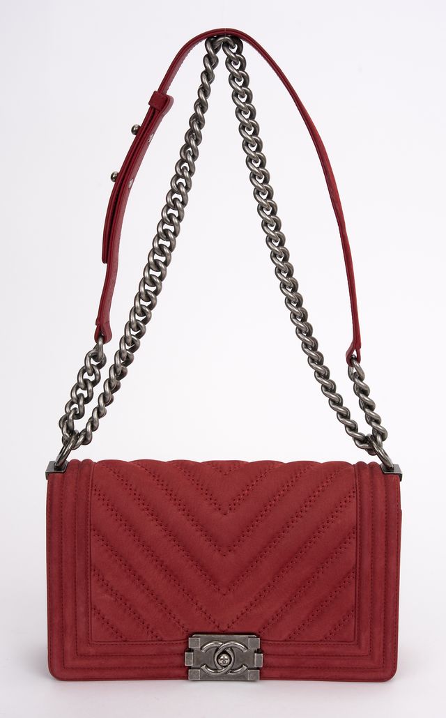 Chanel Red Suede Ruthenium Boy Bag