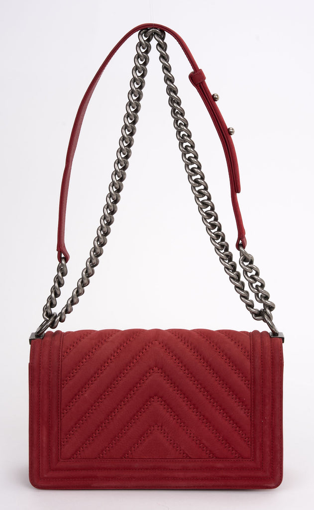 Chanel Red Suede Ruthenium Boy Bag