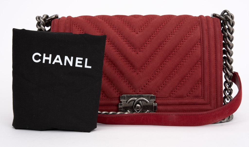 Chanel Red Suede Ruthenium Boy Bag