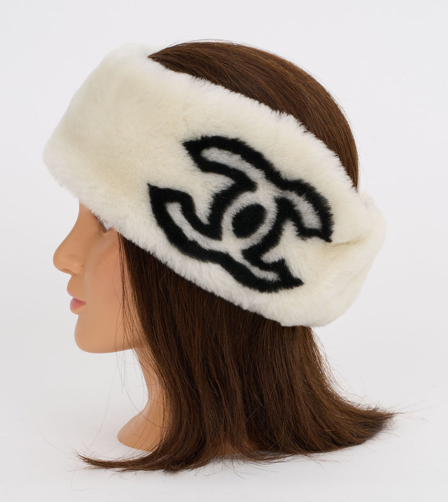 Chanel New White Shearling Logo Headband