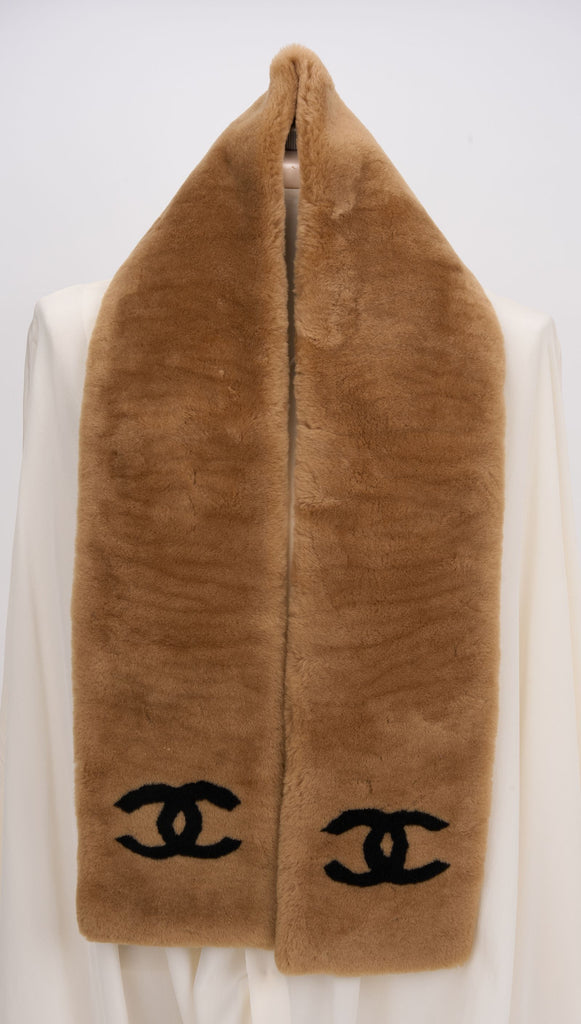 Chanel Caramel Shearling Logo Scarf