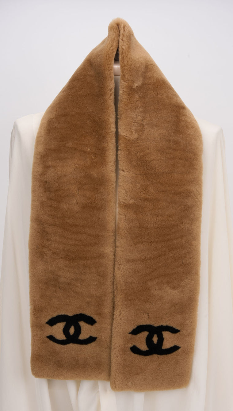 Chanel Caramel Shearling Logo Scarf