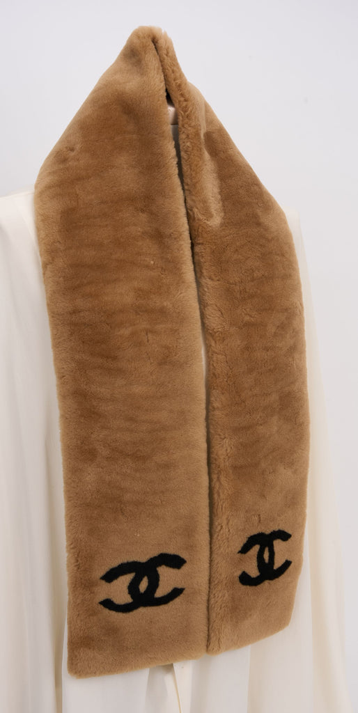 Chanel Caramel Shearling Logo Scarf