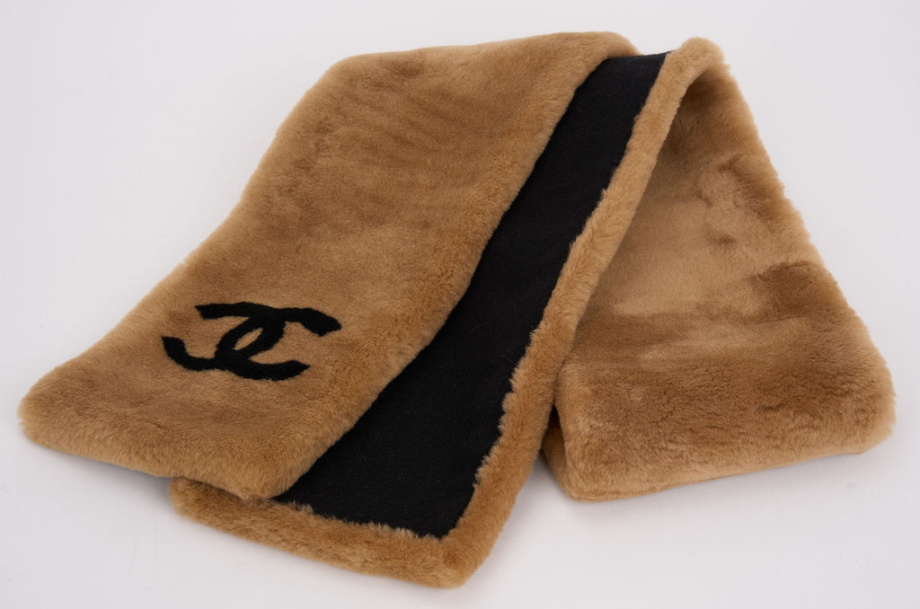 Chanel Caramel Shearling Logo Scarf