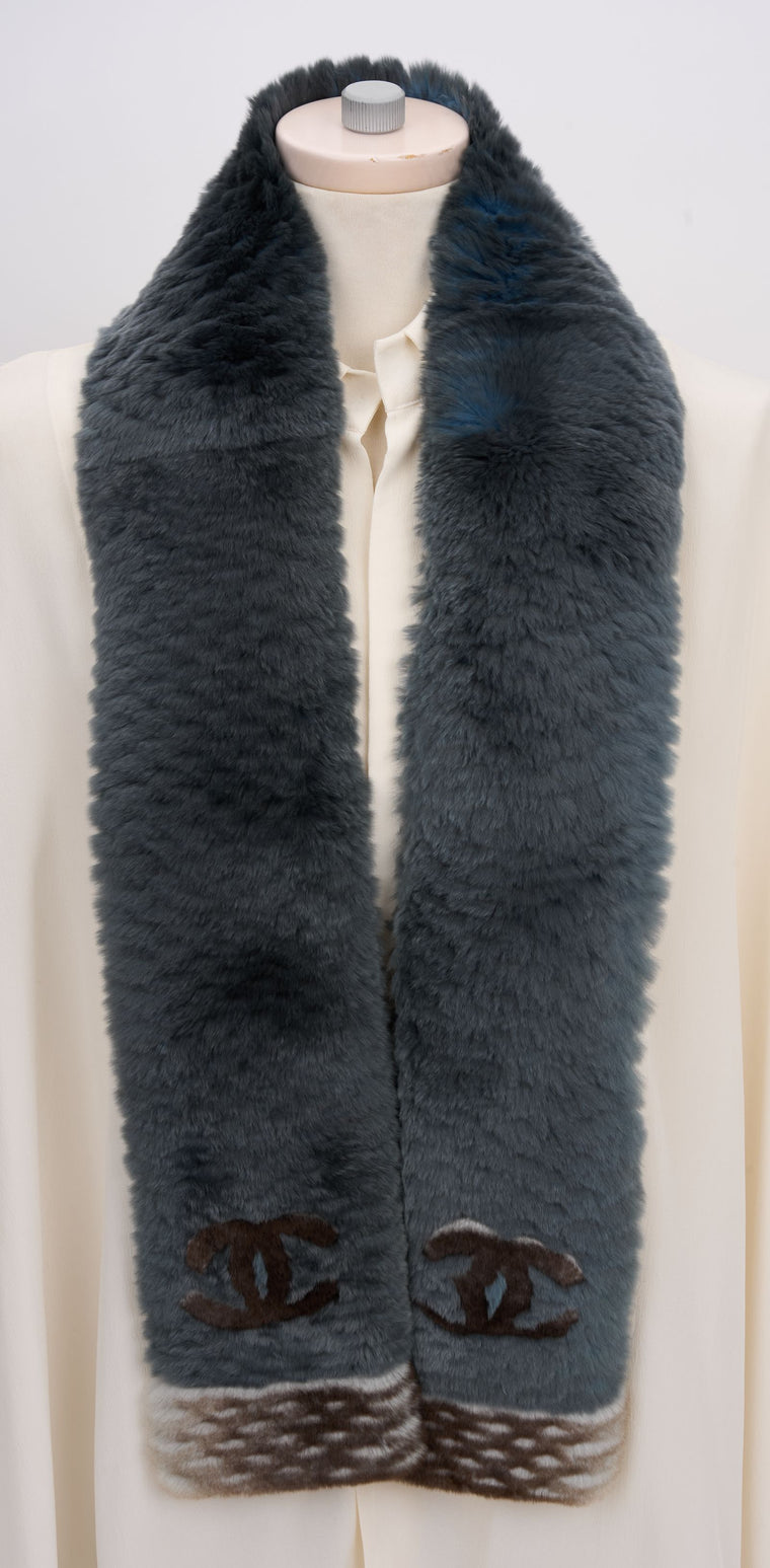 Chanel Orylag Fur Two-Tone Logo Scarf