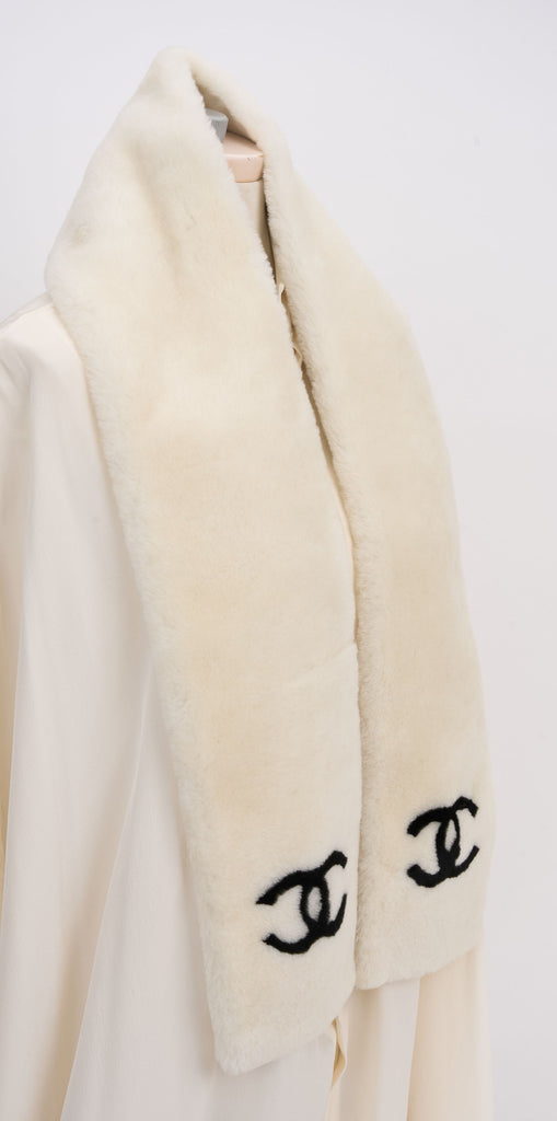 Chanel Off White Shearling Logo Scarf