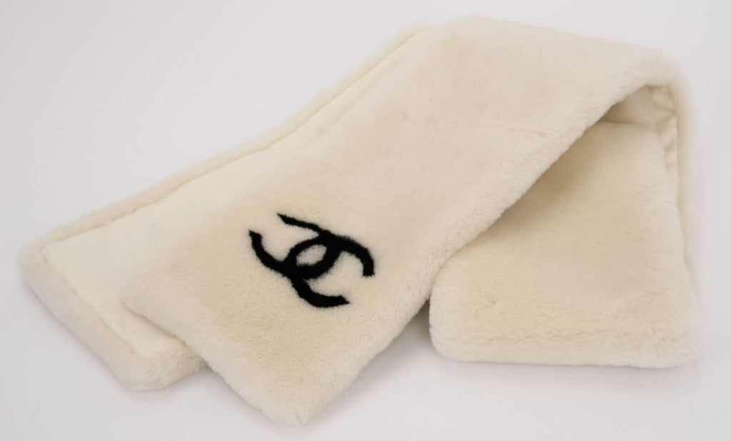Chanel Off White Shearling Logo Scarf