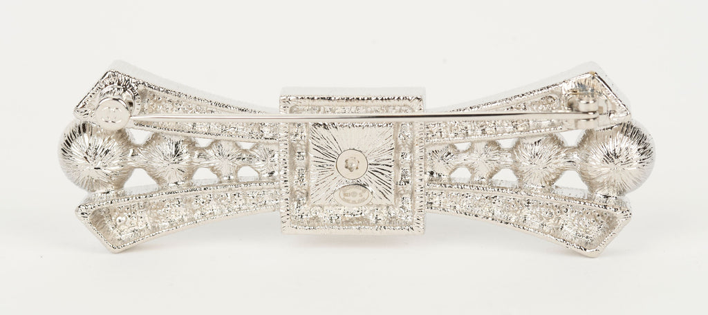 Chanel NIB Silver Box Crystal Logo Pin