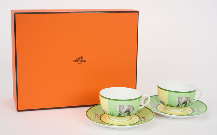 Hermès Set/2 Africa Green Teacups W/Box