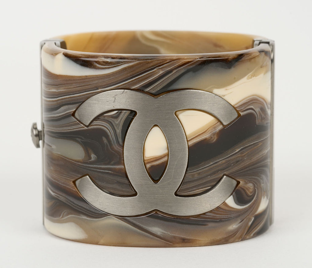 Chanel Brown Printed Marble Resin Cuff