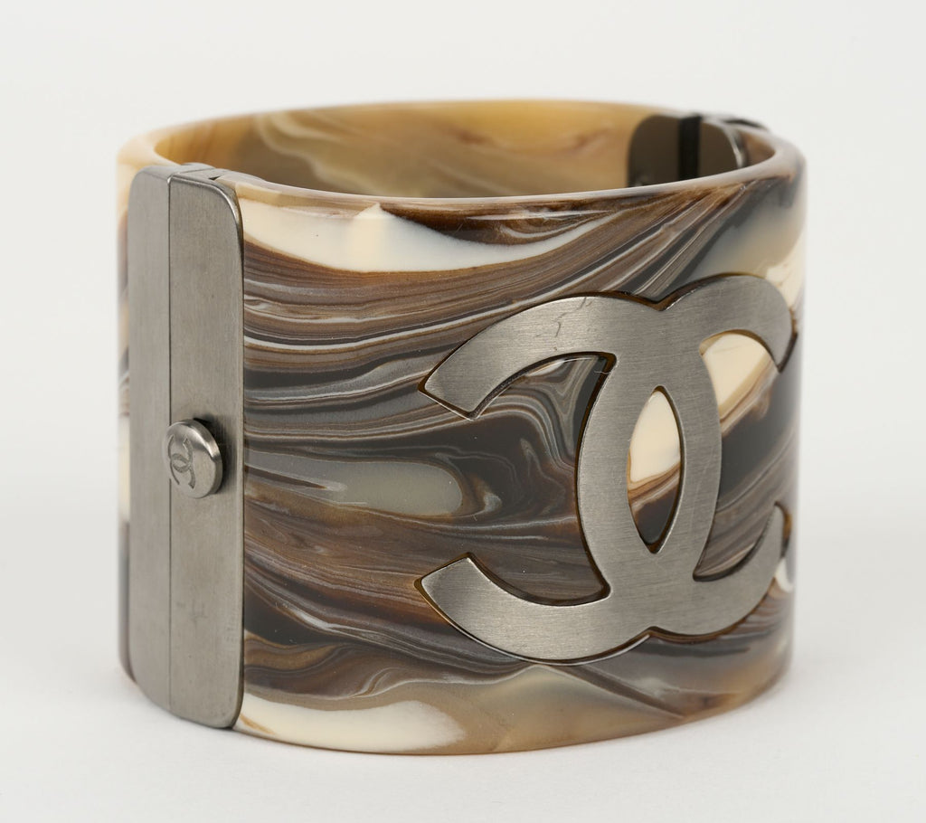 Chanel Brown Printed Marble Resin Cuff