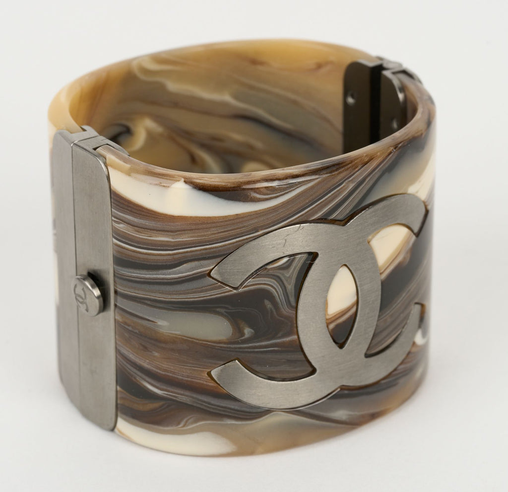 Chanel Brown Printed Marble Resin Cuff