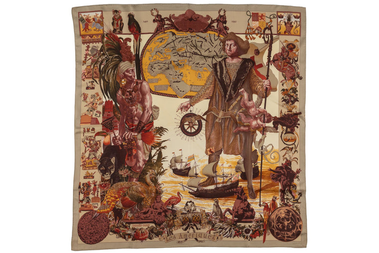 Hermès "Colombus" Taupe Silk Scarf