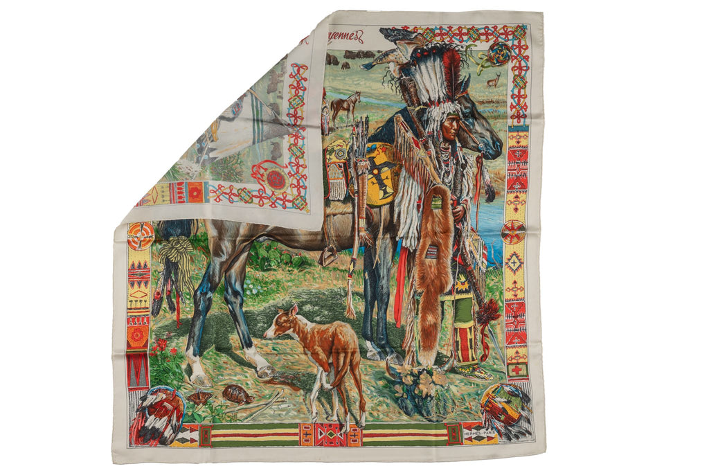 Hermès "Les Cheyennes" Cream Silk Scarf
