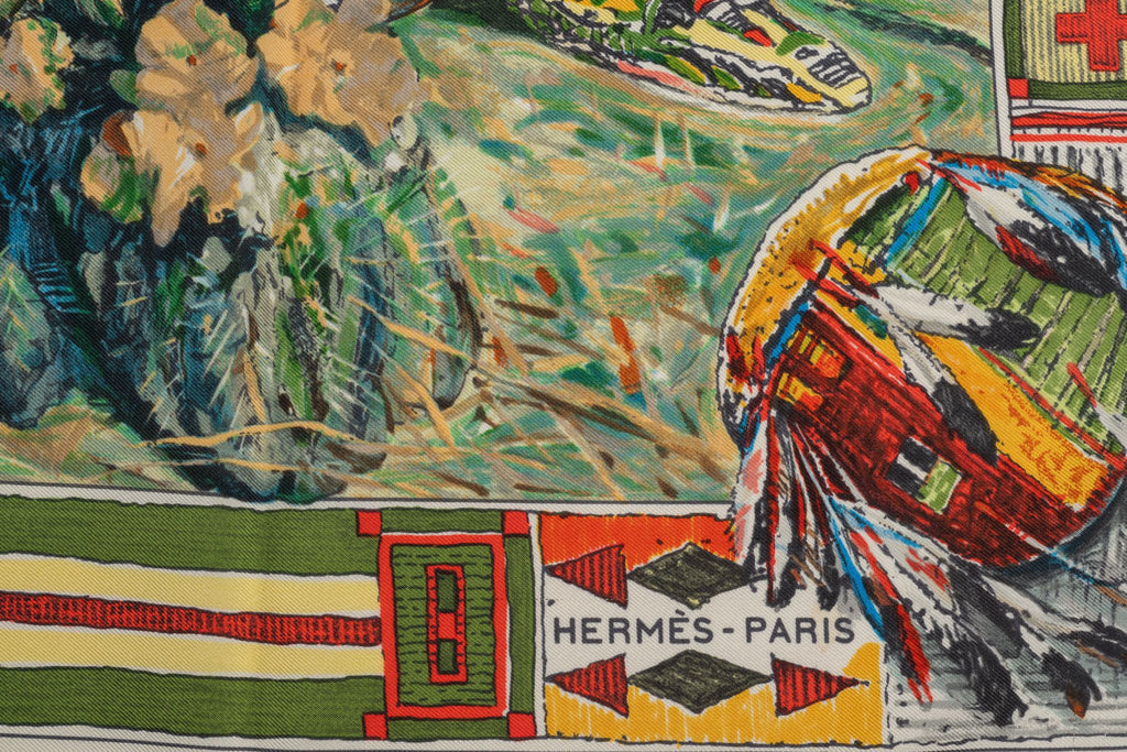 Hermès "Les Cheyennes" Cream Silk Scarf