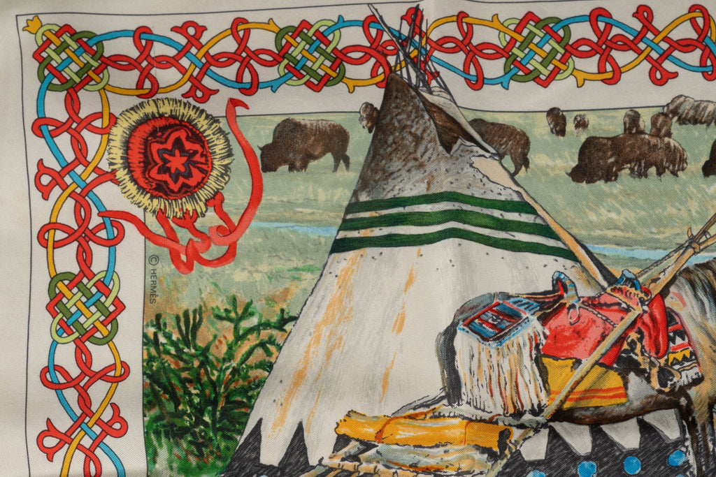 Hermès "Les Cheyennes" Cream Silk Scarf