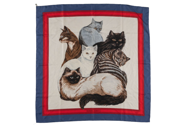 Hermès "Les Chats" Red Blue Silk Scarf